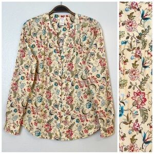 •SUNDANCE• Cream Floral Collarless Button Down Shirt with Pintuck Detail Size XS